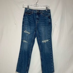 Topshop straight jeans 26x30 distressed, raw hem medium wash